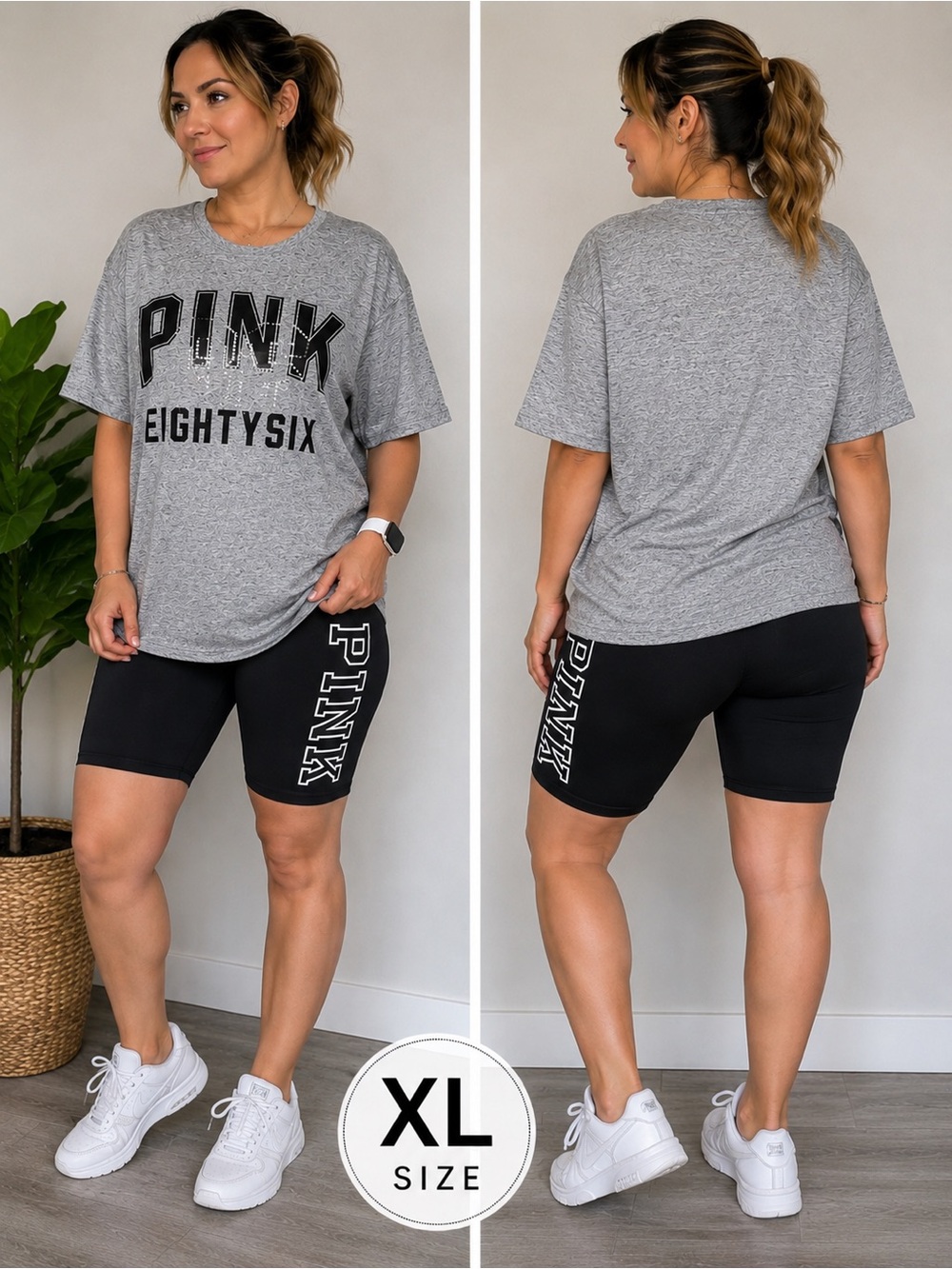 PINK Victoria's Secret Black Logo Athletic Bike Shorts with sequin t shirt set